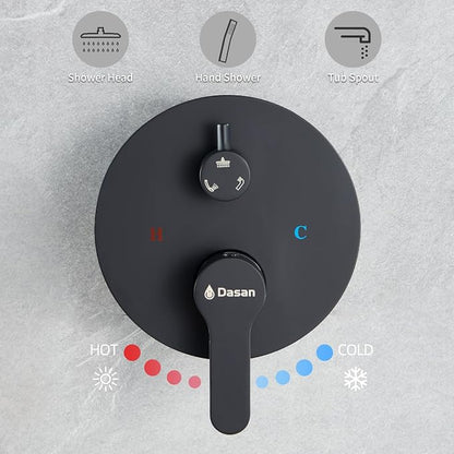 DASAN Tub Shower Faucets Sets Complete Bathtub Faucet Set Matte Black Bathtub Shower System with Tub Spout, Bathroom Tub and Shower Faucet Combo Trim Kit with Rough-in Valve, DA-SS03AMB-R10W