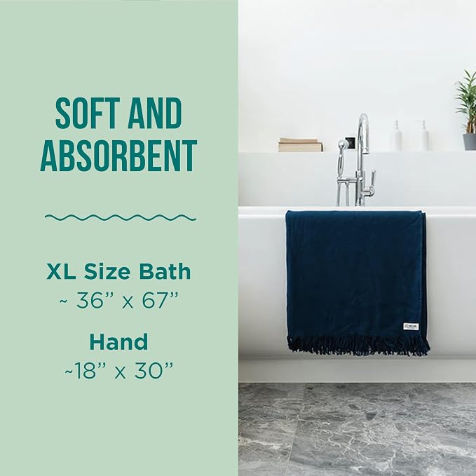 Sand Cloud Turkish Premium Bath Towels for Bathroom - Large, Set of 4 | 100% Certified Organic Turkish Cotton Yarn - Lightweight, Soft & Absorbent - Dry Faster & Cleaner - Terra Navy