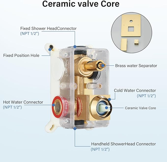 Polished Gold Shower System 12 Inch LED Square Rainfall Shower Head Ceiling Mount Shower Faucet Set with Hand Sprayer Rough-in Valve Trim Kit Bathroom Mixer Shower Combo Set