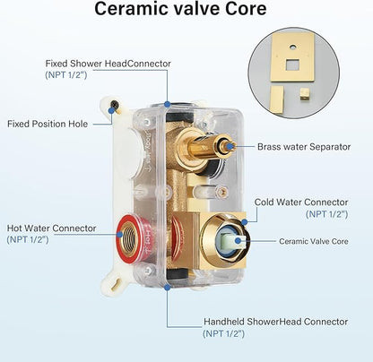 Polished Gold Shower System 12 Inch LED Square Rainfall Shower Head Ceiling Mount Shower Faucet Set with Hand Sprayer Rough-in Valve Trim Kit Bathroom Mixer Shower Combo Set