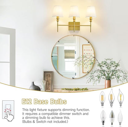 Bathroom Light Fixtures,23.6 IN Bathroom Vanity Lights Over Mirror，3-Light Antique Brass Vintage Wall Sconce With Flared White Fabric Lampshade For Bedroom,Living Room,Foyer,Hardwired,E12 Base