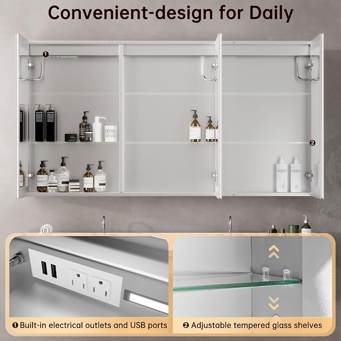 40"x32" Medicine Cabinet Mirror, LED Lighted Medicine Cabinet with Electrical Outlet＆USB, Anti-Fog, 3 Colors Temperature Stepless Dimmable, Aluminum Cabinet for Storage and Mordern Decor