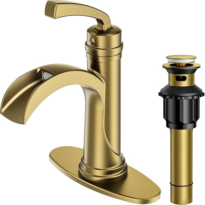 Forious Single Handle Bathroom Faucets Brushed Gold One Hole Antique Waterfall Bathroom Faucet with Metal Pop Up Drain and Deck Plate for Lavatory Vanity Farmhouse RV