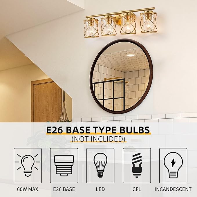 4-Lights Bathroom Vanity Lights, Bathroom Light Fixtures Over Mirror, Brushed Gold Vanity Light, Farmhouse Wall Lights with Clear Glass Shade, Bathroom Wall Lamp for Mirror Kitchen Bedroom