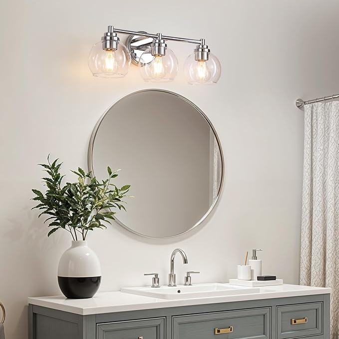 Upgrade 3-Light Bathroom Light Fixtures, Modern Vanity Light with Globe Glass Shade, Silver Chrome Bathroom Lights Over Mirror, Vanity Lights for Bathroom Bedroom Kitchen Hallway Living Room
