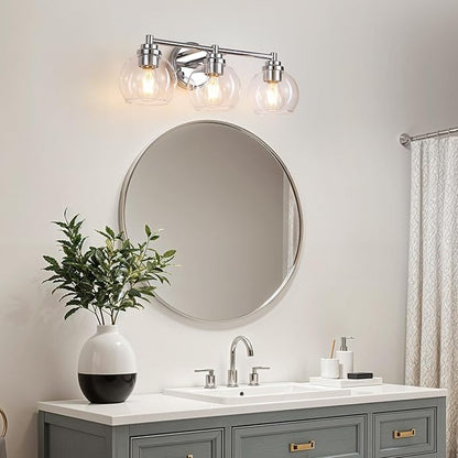 Upgrade 3-Light Bathroom Light Fixtures, Modern Vanity Light with Globe Glass Shade, Silver Chrome Bathroom Lights Over Mirror, Vanity Lights for Bathroom Bedroom Kitchen Hallway Living Room