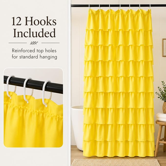 Yellow Shower Curtains for Bathroom, 36x72 Inch, Cascading Tiered Ruffles | Soft Ruffled Edge Detailing, 36 x 72, Delicate Ruched Microfiber Texture, 12 Hooks Included, Machine Washable, Bathroom Focal