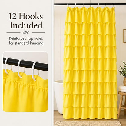 Yellow Shower Curtains for Bathroom, 36x72 Inch, Cascading Tiered Ruffles | Soft Ruffled Edge Detailing, 36 x 72, Delicate Ruched Microfiber Texture, 12 Hooks Included, Machine Washable, Bathroom Focal
