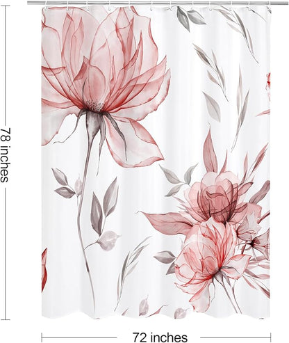 Litabel Long Boho Watercolor Floral Shower Curtain 72 x 78, Red and Grey Ink Painting Style Flower Shower Curtains for Chic Elegant Bathroom, Artistic 78 Inch Long Fabric Shower Curtain