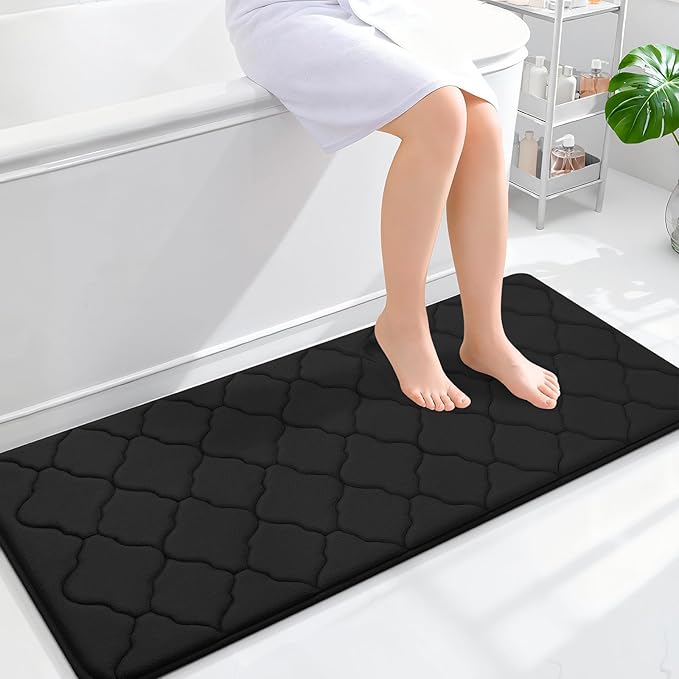 OLANLY Memory Foam Bath Mat Rug 59x24, Ultra Soft and Absorbent Bathroom Rugs, Non-Slip, Comfortable, Machine Washable Bath Carpet for Bathroom Floor, Tub, Shower and Home Decor Accessories, Black