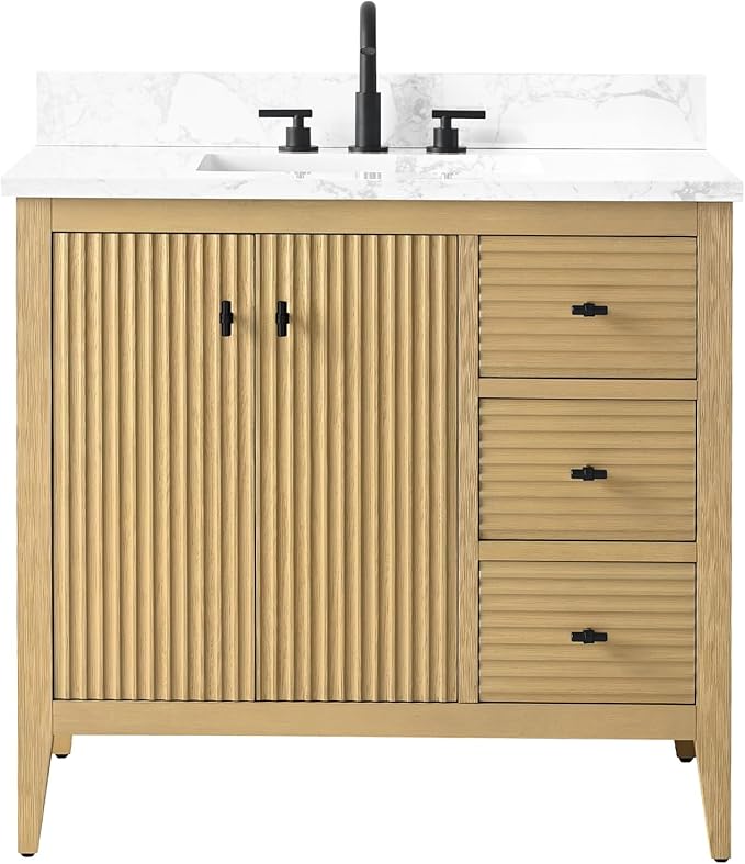 Vanity Art 36 inch Oak Bathroom Vanity with Single Sink & Ceramic Top, Vanity Cabinet with Soft-Closing Door, Solid Wood Frame, Linear Pattern, Natural Oak, VA9136-NO-MB,Matte Black Handles