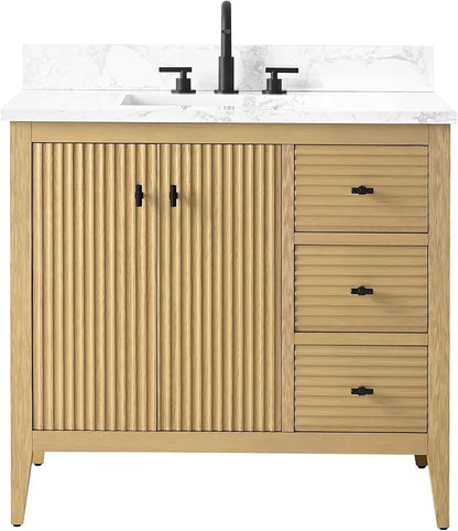 Vanity Art 36 inch Oak Bathroom Vanity with Single Sink & Ceramic Top, Vanity Cabinet with Soft-Closing Door, Solid Wood Frame, Linear Pattern, Natural Oak, VA9136-NO-MB,Matte Black Handles