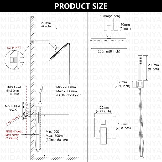 Midanya Shower Faucet Set with Handheld Sprayer,8 Inch,Brushed Gold | Rough-in Shower Valve and Trim Kit Included,Square Rain Head,Wall Mount Shower System,All Metal,Bathroom
