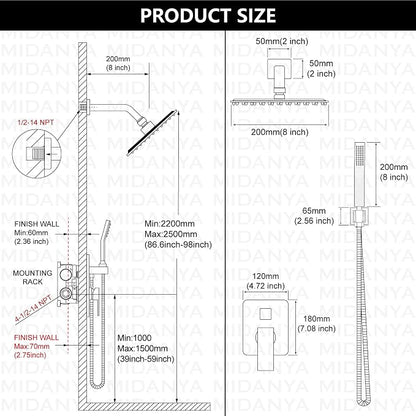 Midanya Shower Faucet Set with Handheld Sprayer,8 Inch,Brushed Gold | Rough-in Shower Valve and Trim Kit Included,Square Rain Head,Wall Mount Shower System,All Metal,Bathroom