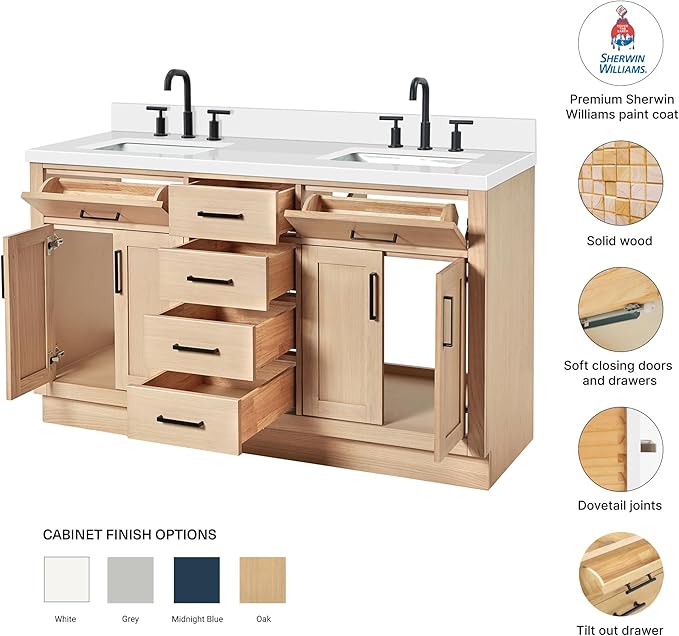DKB Isabella 60-Inch Oak Double Bathroom Vanity with Sink, Pure White Quartz Countertop 1.5" Edge & 4" Backsplash, Soft Closing Doors & Drawers, Matte Black Hardware