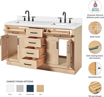 DKB Isabella 60-Inch Oak Double Bathroom Vanity with Sink, Pure White Quartz Countertop 1.5" Edge & 4" Backsplash, Soft Closing Doors & Drawers, Matte Black Hardware