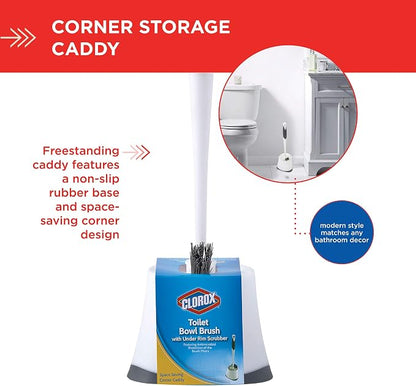 Clorox Corner Toilet Bowl Brush with Under Rim Scrubber, Includes Corner Storage Caddy, White