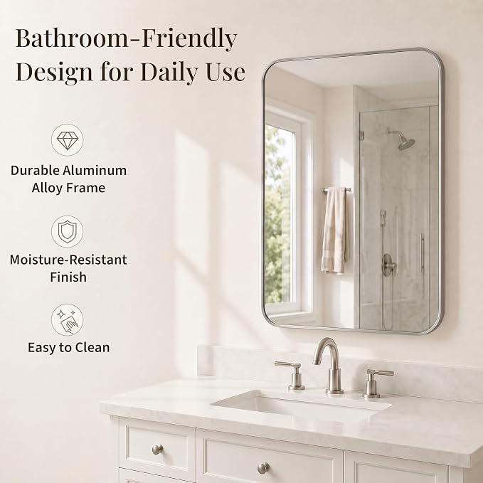 2-Pack 24x30 Inch Brushed Nickel Rounded Rectangle Vanity Mirrors | Double Vanity or Two Bathrooms, Pair or Separate Use, Aluminum Frame, Slim Front Profile, Two-Way Mount