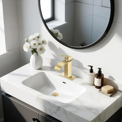Brushed Gold Bathroom Faucets, Waterfall Bathroom Sink Faucet Single Handle Bathroom Faucet for 1 or 3 Hole, Mixer Tap Vanity Faucet with Deck Plate, Pop-up Drain and Supply Hoses
