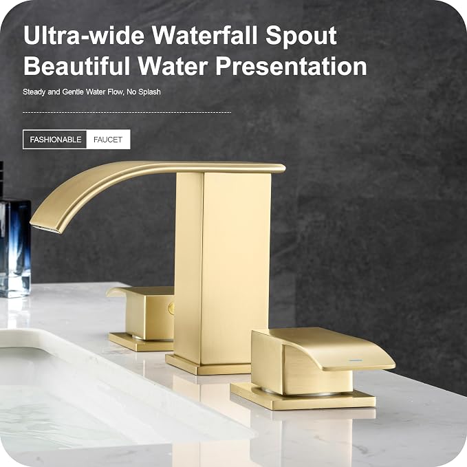 8 Inch Waterfall Bathroom Faucets 3 Hole - Brushed Gold Widespread Bathroom Faucet with Pop-up Drain, Two Handles Bathroom Sink Faucet, Modern Vanity Sink faucets with Supply Lines