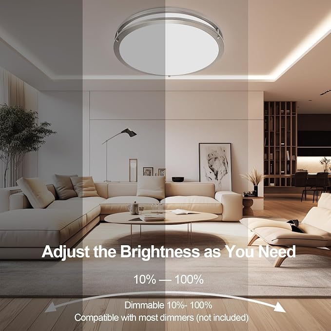 16inch LED Flush Mount Ceiling Light Fixture Dimmable Brushed Nickel, Easy Install Ceiling Lamp Fixture Without Flicker, Super Bright 48W 4800LM 5CCT Warm to White Light 3000K to 6000K 2-Pack