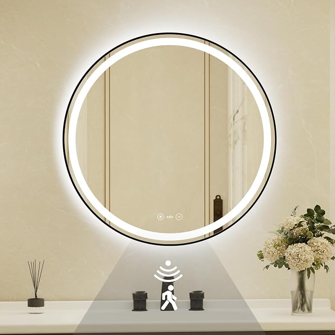 30 Inch Round Black Framed LED Bathroom Mirror with Lights,Smart Bathroom Mirror,Motion Sensor,Tempered Glass,Anti-Fog,Stepless Dimmable & 3 Colors,Memory,Vanity Mirror for Wall