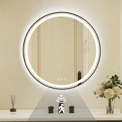 30 Inch Round Black Framed LED Bathroom Mirror with Lights,Smart Bathroom Mirror,Motion Sensor,Tempered Glass,Anti-Fog,Stepless Dimmable & 3 Colors,Memory,Vanity Mirror for Wall