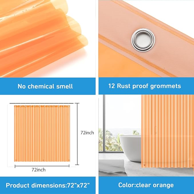 EHZNZIE Shower Curtain Liner Light Weight PEVA, Shower Liner 72x72 Inches, Waterproof, No Chemical Smell with 12 Rust Proof Metal Grommets for Bathroom Shower Curtain, Clear Orange