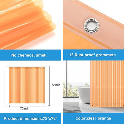 EHZNZIE Shower Curtain Liner Light Weight PEVA, Shower Liner 72x72 Inches, Waterproof, No Chemical Smell with 12 Rust Proof Metal Grommets for Bathroom Shower Curtain, Clear Orange