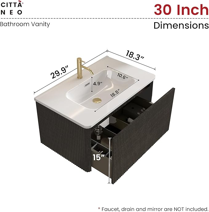 30" Floating Bathroom Vanity with Sink, Modern Wall Mounted Floating Vanity with Ceramic Sink, Push to Open Soft-Close Drawer for Apartment, Hotel, Blackish Brown Oak