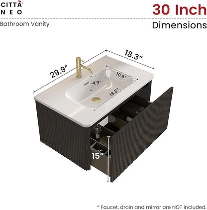 30" Floating Bathroom Vanity with Sink, Modern Wall Mounted Floating Vanity with Ceramic Sink, Push to Open Soft-Close Drawer for Apartment, Hotel, Blackish Brown Oak