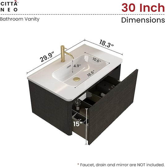 30" Floating Bathroom Vanity with Sink, Modern Wall Mounted Floating Vanity with Ceramic Sink, Push to Open Soft-Close Drawer for Apartment, Hotel, Blackish Brown Oak