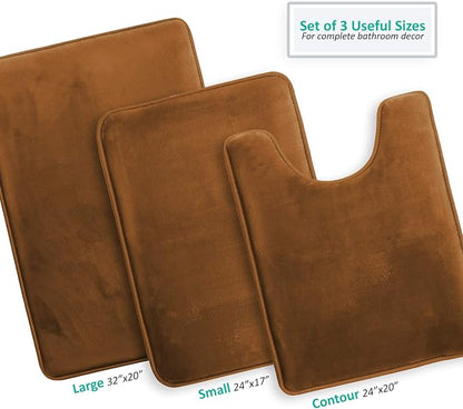 Clara Clark 3 Piece Bathroom Rugs Bath Mat Set, Velvet Memory Foam Bath Mats for Bathroom - Non-Slip, PVC Backing Bath Rugs, Washable - Dries Quickly, Brown