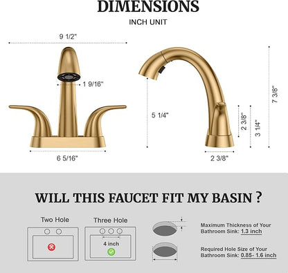 Bathroom Faucet with Sprayer, 4 Inch Champagne Bronze with Pop Up Drain | Ultimate Unicorn Centerset Pull Down Vanity Faucets 3 Hole- Two Handle Modern Washbasin Tap Set for Rv Lavatory Restroom
