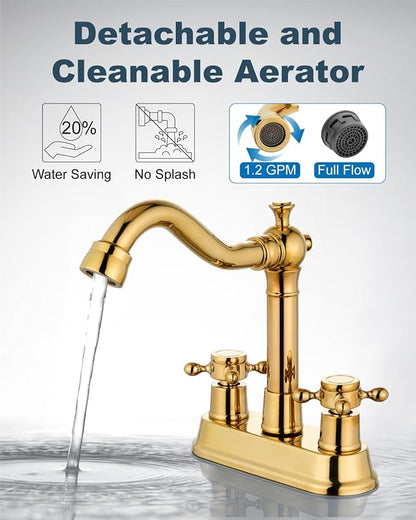 4 Inch Centerset Bathroom Sink Faucet 2 Handle Polish Gold | Swivel Spout,Pop Up Drain,cUPC Hose,for 2 or 3 Hole Sink,Lavatory,Vintage,Farmhouse,RV,SUS304 Mixer Tap,Metal Cross Handle