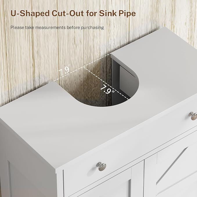 TEENFON Pedestal Sink Storage Cabinet with 2 Barn Doors and Drawer, Bathroom Sink Cabinet with U-Shape Cut-Out, Pedestal Sink Cabinet, White
