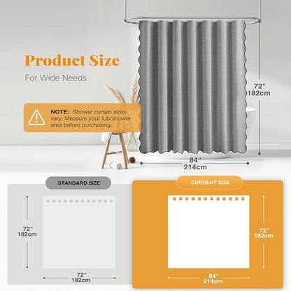BTTN 84x72 Boho Scalloped Linen Textured Cloth Shower Curtain, Grey/Gray | Wide Size, 230GSM Waterproof Polyester, Heavy Duty Fabric, 14 Plastic Hooks, Elegant Modern Farmhouse Style, Machine Washable