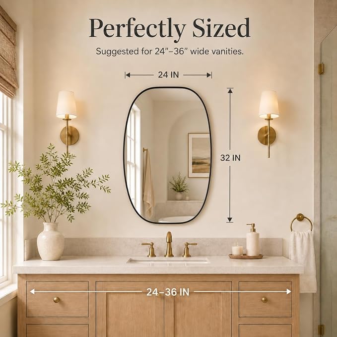 Black Oval Bathroom Mirrors for Over Sink 24x32 Inch | Oblong Vanity Mirror, Crystal-Clear HD Glass, Rust-Proof Aluminum Frame, Inner-Curved Decor for Bedroom, Entryway