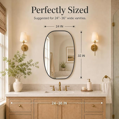 Black Oval Bathroom Mirrors for Over Sink 24x32 Inch | Oblong Vanity Mirror, Crystal-Clear HD Glass, Rust-Proof Aluminum Frame, Inner-Curved Decor for Bedroom, Entryway