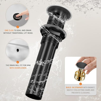 Phiestina 8 Inch 3-Hole Matte Black Widespread Bathroom Sink Faucet with Valve and Metal Pop-Up Drain Assembly, 2-Handle Low-Arch Bathroom Faucets Three Hole, WF15-1-MB