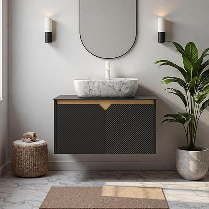 Floating Bathroom Vanity with Sink, 30" Bathroom Storage Cabinet with Sintered Stone Countertop & Marble-Pattern Ceramic Basin, Modern Wall-Mounted Vanity with 2 Twill Pattern Doors, Black