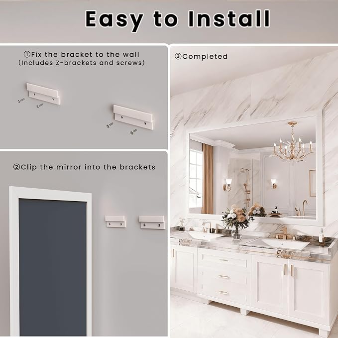 Bathroom Mirror for Wall, 48x40 Inch (White) | HD Reflection, Tempered Glass, Thick Metal Framed Rectangle Mirrors for Over Sink, Vanity, Bedroom, Living Room, Entryway.