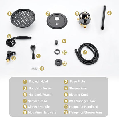 DASAN Rain Shower System Complete Antique Shower Faucet Sets, Shower Fixtures Combo with Pressure Balance Valve, Trim Kit, 9’’ Rainfall Overhead Shower & Handheld, Color Matte Black AT209C-BK