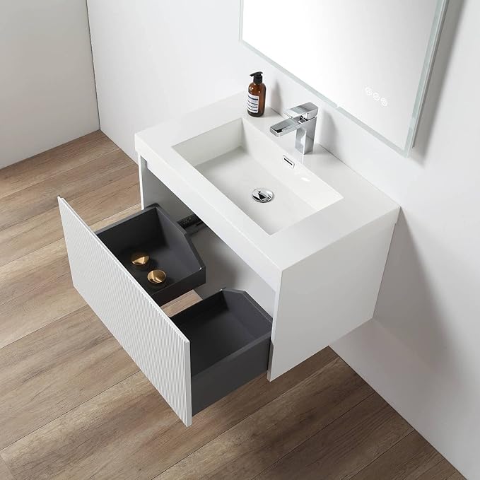 Blossom 30 Inch Bathroom Vanity with Sink | All Wood Wall Mounted Floating Vanity Cabinet with Acrylic Sink | Soft-Close Drawer | Modern Minimalist Style (30" w/Acrylic Basin, Matte White)