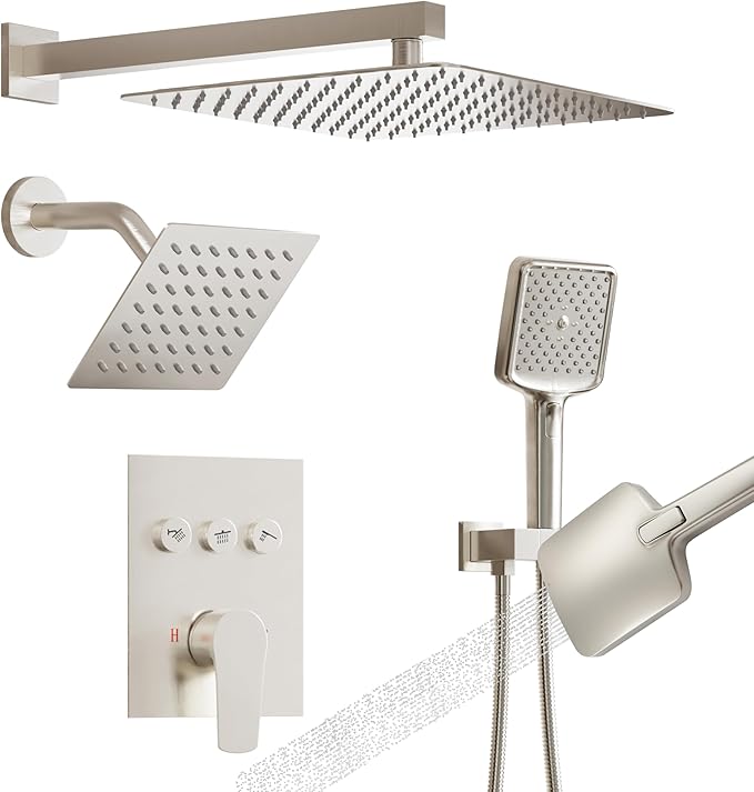 MONDAWE 12 Inch Wall Mounted Brushed Nickel Shower System, 3-Function Shower Faucet Set with Rainfall Dual Shower Head and High Pressure 4-Setting Handheld, All Functions Can be Used At the Same Time