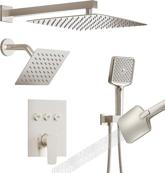 MONDAWE 12 Inch Wall Mounted Brushed Nickel Shower System, 3-Function Shower Faucet Set with Rainfall Dual Shower Head and High Pressure 4-Setting Handheld, All Functions Can be Used At the Same Time