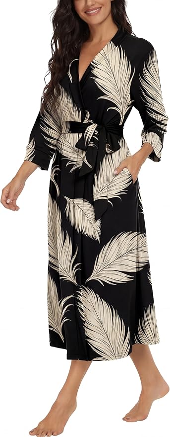 VINTATRE Women Kimono Robes Long Knit Bathrobe Lightweight Soft Knit Sleepwear V-neck Casual Ladies Loungewear