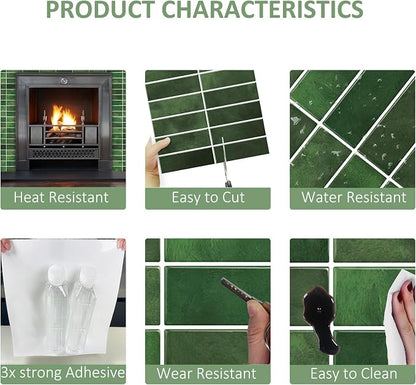 Dark Green Peel and Stick Backsplach Tile, 12"x12" Back Splash Stick on Tiles for Kitchen, Bathroom, 10 Sheets