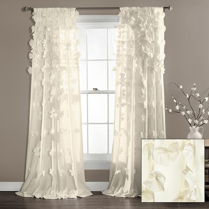 Lush Decor Riley Light Filtering Window Curtain Panel, Single 54" W x 95" L, Ivory - Cute Curtains for Bedroom - Bow Decor - Coquette Curtains for Windows