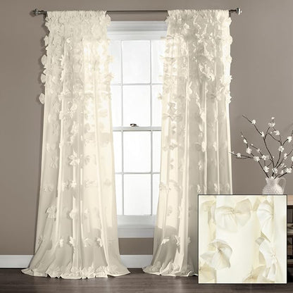 Lush Decor Riley Light Filtering Window Curtain Panel, Single 54" W x 95" L, Ivory - Cute Curtains for Bedroom - Bow Decor - Coquette Curtains for Windows